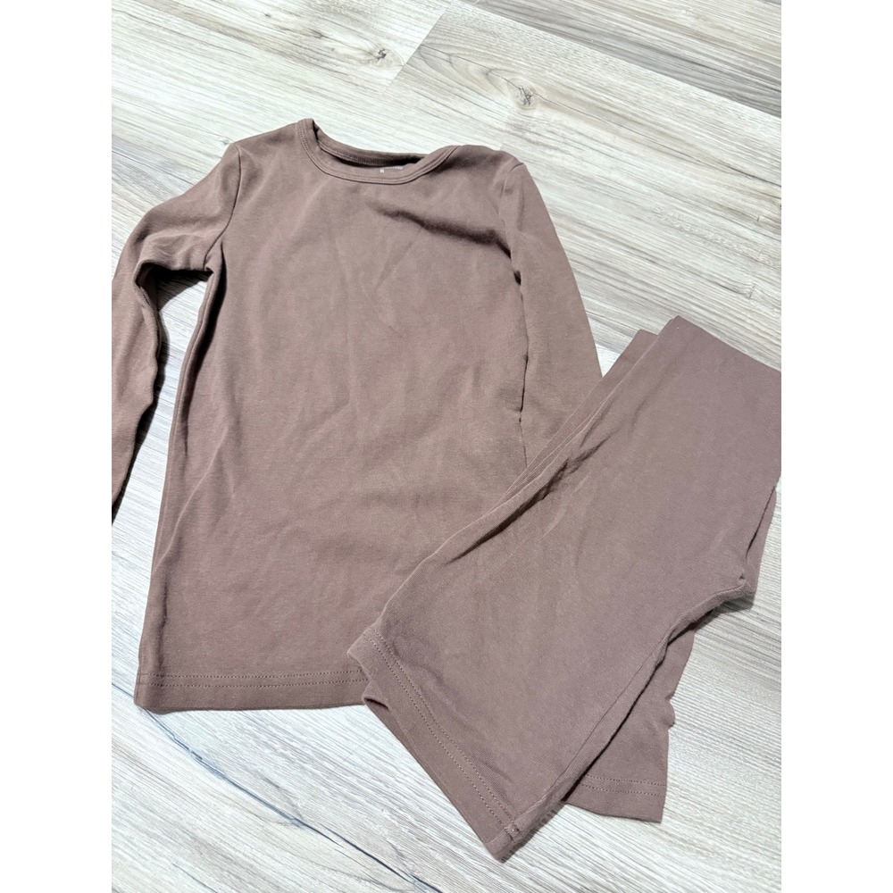 Kids Brown Long Sleeve Pajama Set Ribbed Knit Top and Leggings Loungewear 2PC